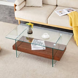 ZNTS 43.3 Inch Modern Two-Tier Coffee Table - An Elegant Combination of Clear Glass and Dark Wood Texture W2920P226069