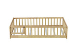 Twin Size Floor Bed with Fence and Door,Rubber Wood Floor Bed with Safety Guardrails,Natural 22789495