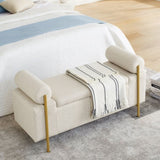 Elegant Upholstered Linen Storage Bench with Cylindrical Arms and Iron Legs for Hallway Living Room W487128011