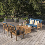 ZNTS Outdoor Acacia Wood Sofa Set with Water Resistant Cushions, 4-Pcs Set, Brown Patina / Teal Blue 59116.00DT