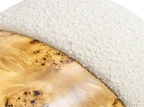 Nebula Round Burl Wood Upholstered Ottoman, Ivory White Boucle B2719P238446
