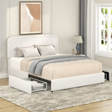 Liv Patented 2-Drawers Storage Bed Queen Size Ivory Boucle Upholstered Platform Bed, Curved Stitched B083P156198