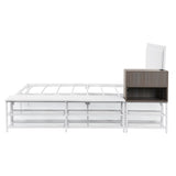 Full size Metal Platform Bed with Two-Tier Storage Shelves, Wooden Storage Cabinet, White N737P199334K