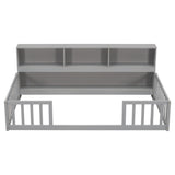 Twin Floor Bed with Bedside Bookcase,Shelves,Guardrails,Grey W504142770