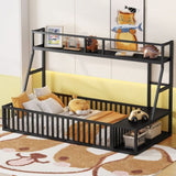 Twin Size Floor Bed Frame with Safety Fence, Metal Floor Bed with Desk and Storage Shelves, W1580P240068