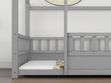 Full Size Floor Wooden Bed with House Roof Frame, Fence Guardrails,Grey W1858123988