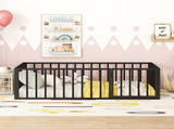 Twin Size Metal Floor Bed Frame with Fence and Door, Black MF307108AAB