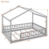 ZNTS Full Size Wood Bed House Bed Frame with Fence, for Kids, Teens, Girls, Boys,Gray WF302177AAE