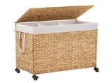160L 3-Section Laundry with Lid and Wheels, Woven Natural Water Hyacinth Rolling Laundry 28759343