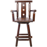 Rustic Bar Stool - Fir Wood Construction, Chair withDecorative Star Backrest, Footrest,Wide Armrest, W465P221179