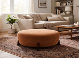 Modish Round Ottoman Boucle Top with Splayed Rubber Wood Legs, Pumpkin Orange N769P346256O