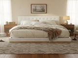 Solid Rubber Wood Platform Bed with Upholstered Headboard, Modern Tufted Design, Sturdy Slat N769P387939W