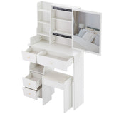 Small Size Left Drawer Desktop Vanity Table Cushioned Stool, Extra Large Sliding Mirror, Multi W936P202270
