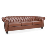 84.65"BROWN PU Rolled Arm Chesterfield Three Seater Sofa. W68035343