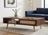 41.3 Inch Rattan Coffee Table Sliding Storage Door, Rectangle Wooden Accent Center Sofa Table 42218125