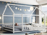 Full Size Floor Wooden Bed with House Roof Frame, Fence Guardrails,White W1858P389981