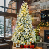 7.5FT Pre-Lit Spruce Snow Flocked Christmas Tree, Artificial Hinged Xmas Tree with 350 Multi-Color N704P199476A