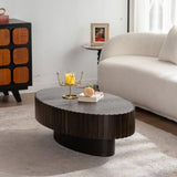 ZNTS Oval Coffee Table Handcrafted Relief Sturdy Pedestal Wooden Olive-Shaped Tea Table for Living Room W3081P255079