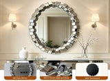 Textured Geometric Square Block Frame Round Mirror, Decorative Hanging Wall Mirror for Entry Living W3836P552374