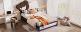 ZNTS Twin Size Upholstered Platform Bed with Bear Shaped Headboard, LED Light Strips, White + Brown WF323767AAK