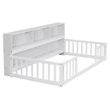 Twin Floor Bed with Bedside Bookcase,Shelves,Guardrails,White W504142771
