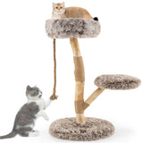 3-Level Natural Pear Wood Cat Tree - 19.5"x35.5", Jute Scratching Posts, Long Plush 10303991