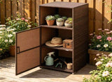 Brown Wicker Garden Storage Cabinet, Dual Open & Closed Design Outdoor Tool Cushion Storage Cabinet 81143358