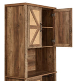 76-Inch Tall Rustic Oak Color Farmhouse Kitchen Faux Rattan Wine Cabinet, Kitchen Bar Cabinet with W2702P183964