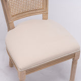 French Style Solid Wood Frame Linen Fabric Square Rattan Back Dining Chair,Set of 2,Cream W162290982