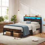 Queen Size Metal Platform Bed Frame with Adjustable Upholstered Headboard, Charging Station, LED W1903P195337