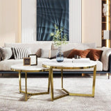 Modern Round Nesting Coffee Table Set 2-Piece White & Marbling Top Gold Base WF320651AAK