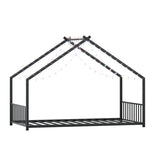 Twin size children's bed frame with LED light strips, roof-shaped iron frame bed, black,78.5" L x W1820P308329