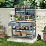 K&K 64.9"H Outdoor Potting Bench Table with Lockable Wheels, Solid Wood Outdoor Kitchen Island with N707P228274G
