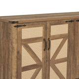 65-Inch Rustic Oak Color Faux Rattan Sideboard, Barn Door Rustic Style Sideboard, Living Room, W2702P184359