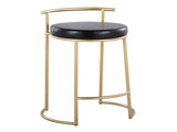 Round 26" Contemporary Fixed-Height Counter Stool in Gold Metal and Black Faux Leather - Set of 2 B202P222105