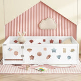 Full Size Floor Bed with Slats, Solid Wood Bedframe with Heightened Safety Guardrails and Door, for W1820P240543