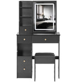 Small Size Left Drawer Desktop Vanity Table Cushioned Stool, Touch Control Sliding LED Mirror, W936P202449