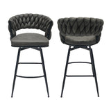 28" Technical Leather Woven Bar Stool Set of 2,Black legs Barstools No Adjustable Kitchen Island 40400662