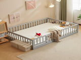 Gray painted pine wood playpen bed with door and board, full-size children's wooden bed 45176217