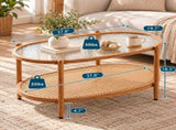 2-Tier Oval Coffee Table, Water Ripple Glass Top, PE Rattan & Iron Frame, 20594720