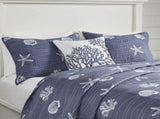 4 Piece Cotton Reversible Embroidered Quilt Set with Throw Pillow Navy Full/Queen B03595792