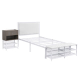 Twin size Metal Platform Bed with Two-Tier Storage Shelves, Wooden Storage Cabinet, White N737P199330K