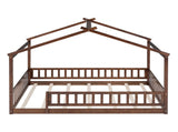 Full Size Wood Bed House Bed Frame with Fence, for Kids, Teens, Girls, Boys,Walnut WF302177AAL