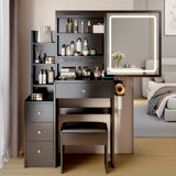 ZNTS Small Space Left Bedside Cabinet Vanity Table + Cushioned Stool, 2 AC+2 USB Power Station, Hair 92119115