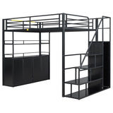 Full Size Metal Loft Bed with Storage Staircase and Wardrobe,Shelves and Lockers,Black 20859887