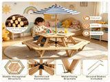 6-Seat Hexagonal Kids Picnic Table with Umbrella, Solid Fir Wood Outdoor Table & Bench Set for 81081668