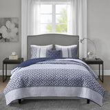 4 Piece Jacquard Quilt Set with Throw Pillow Navy Full/Queen B03597587