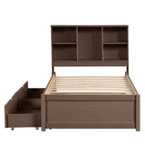 ZNTS Modern Twin Size Bed Frame With Built-in USB Port on Bookcase Headboard and 2 Drawers for Walnut W697P152020