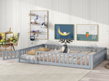 Full Size Floor Bed with Fence and Door,Rubber Wood Floor Bed with Safety Guardrails,Grey W504P296784