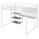 ZNTS Full Size Loft Bed with Desk and Whiteboard, Metal Loft Bed with 3 Shelves and Ladder, White 62617184